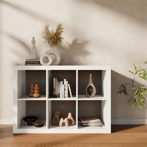 Etagère Bibliothèque 2 Niveaux 6 Compartiments. Casiers. Effet Bois Blanc. L 111.2 X P 39 X H 76cm