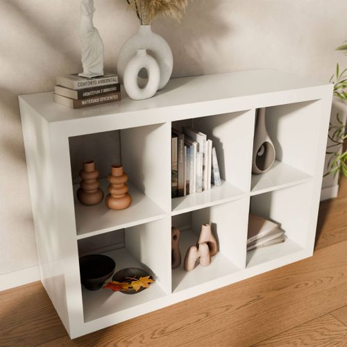 Etagère Bibliothèque 2 Niveaux 6 Compartiments. Casiers. Effet Bois Blanc. L 111.2 X P 39 X H 76cm