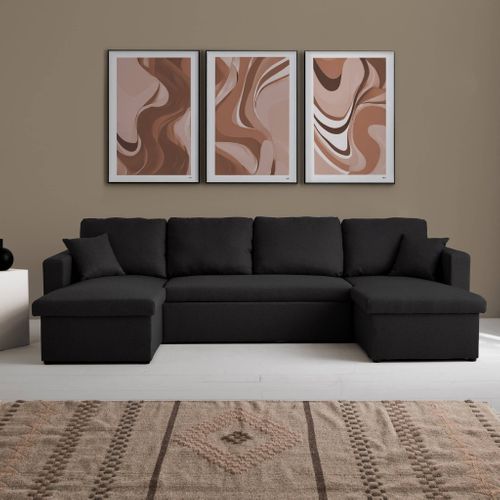 Canapé Panoramique Convertible En Tissu Noir. 4 Places. Coffre Rangement. Lit Modulable