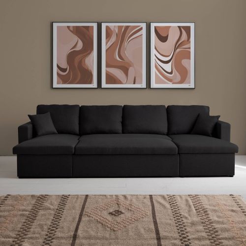 Canapé Panoramique Convertible En Tissu Noir. 4 Places. Coffre Rangement. Lit Modulable