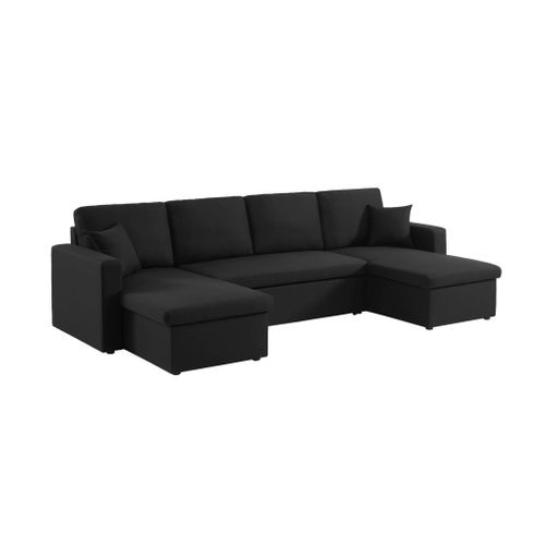 Canapé Panoramique Convertible En Tissu Noir. 4 Places. Coffre Rangement. Lit Modulable