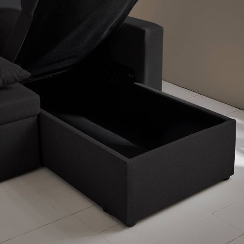 Canapé Panoramique Convertible En Tissu Noir. 4 Places. Coffre Rangement. Lit Modulable