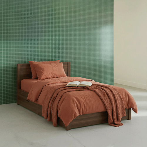 Lit Avec Sommier à Lattes Et Tête De Lit 90 X 190cm + 4 Tiroirs Décor Bois Noyer - Nepal