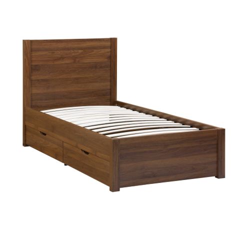 Lit Avec Sommier à Lattes Et Tête De Lit 90 X 190cm + 4 Tiroirs Décor Bois Noyer - Nepal