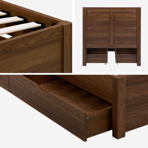 Lit Avec Sommier à Lattes Et Tête De Lit 90 X 190cm + 4 Tiroirs Décor Bois Noyer - Nepal