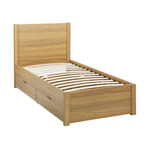 Lit Avec Sommier à Lattes Et Tête De Lit 90 X 190cm + 4 Tiroirs Décor Bois Naturel - Nepal