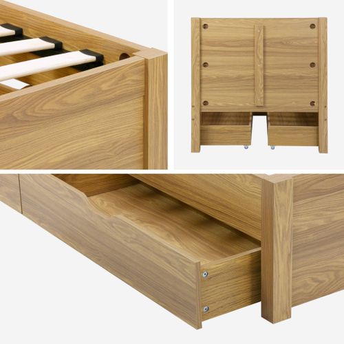 Lit Avec Sommier à Lattes Et Tête De Lit 90 X 190cm + 4 Tiroirs Décor Bois Naturel - Nepal