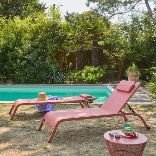 Lot De 2 Bains De Soleil Acier Terracotta Multi Positions Avec Coussin Et Roulettes - Ona