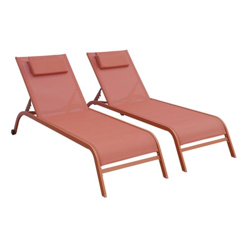 Lot De 2 Bains De Soleil Acier Terracotta Multi Positions Avec Coussin Et Roulettes - Ona