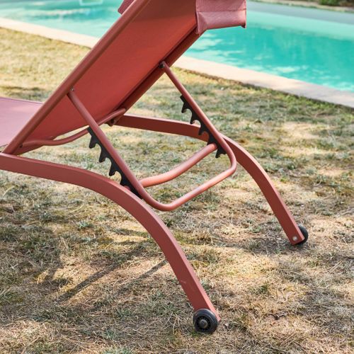 Lot De 2 Bains De Soleil Acier Terracotta Multi Positions Avec Coussin Et Roulettes - Ona