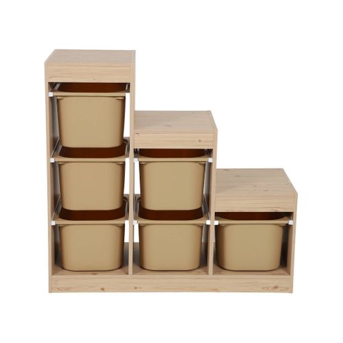 Meuble De Rangement Enfant Escalier 6 Bacs De Rangement Décor Bois Naturel Et Beige - Sora