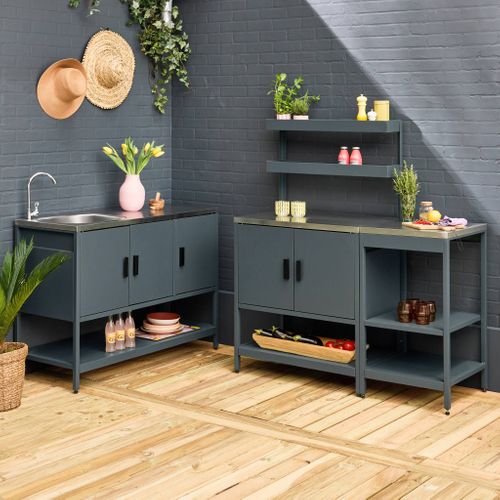 Cuisine Extérieure 3 Modules En Acier Inoxydable Bleu Gris