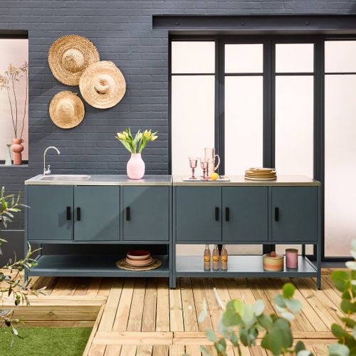 Cuisine Extérieure 2 Modules En Acier Inoxydable Bleu Gris