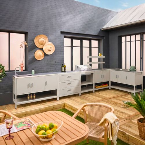 Cuisine Extérieure Naxos 5 Modules Avec Barbecue Au Charbon Acier Inoxydable Beige