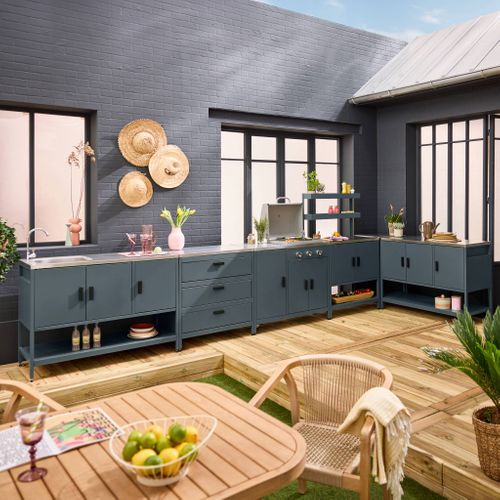 Cuisine Extérieure 6 Modules Avec Barbecue En Acier Inoxydable Bleu Gris