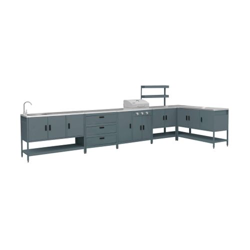 Cuisine Extérieure 6 Modules Avec Barbecue En Acier Inoxydable Bleu Gris