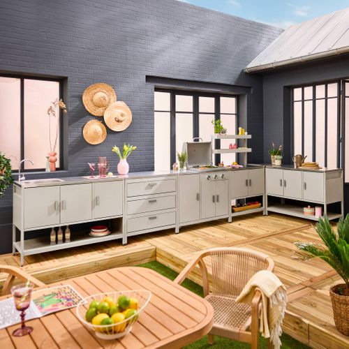 Cuisine Extérieure 6 Modules Avec Barbecue En Acier Inoxydable Beige