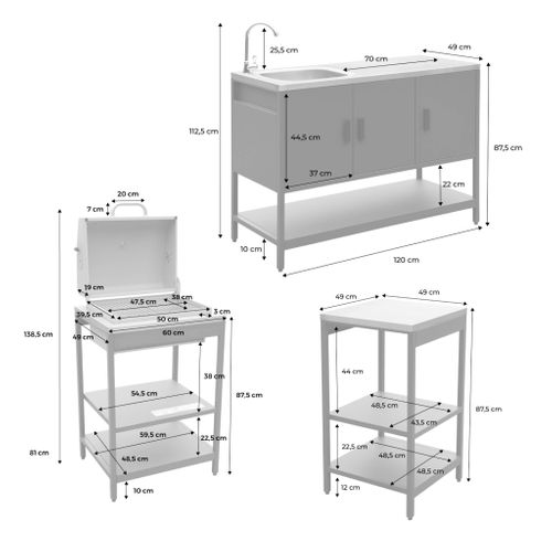 Cuisine Extérieure 3 Modules Acier Inoxydable Avec Barbecue Charbon Beige Naxos