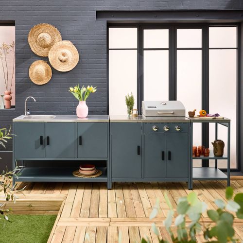 Cuisine Extérieure Naxos 3 Modules Acier Inoxydable Bleu Gris Avec Barbecue Gaz 3 Brûleurs