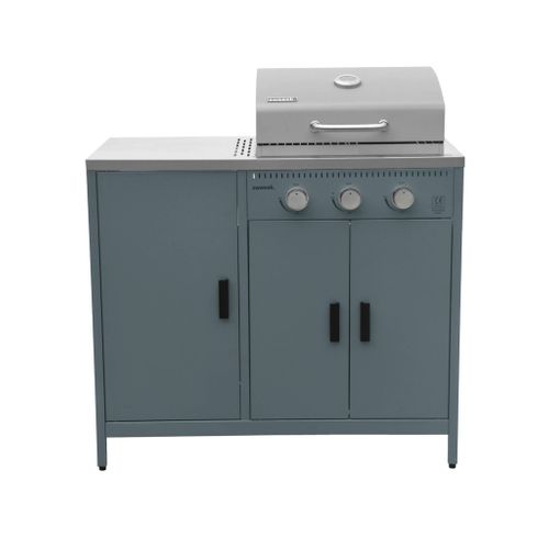 Cuisine Extérieure Naxos 3 Modules Acier Inoxydable Bleu Gris Avec Barbecue Gaz 3 Brûleurs