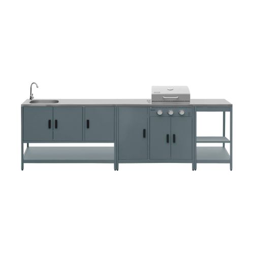 Cuisine Extérieure Naxos 3 Modules Acier Inoxydable Bleu Gris Avec Barbecue Gaz 3 Brûleurs