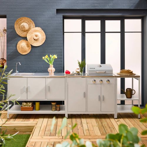 Cuisine Extérieure Naxos 3 Modules Acier Inoxydable Beige Avec Barbecue Gaz 3 Brûleurs