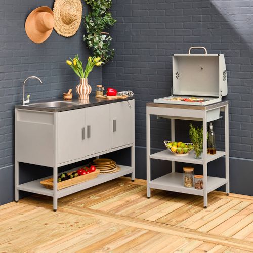 Cuisine Extérieure Naxos 2 Modules Acier Inoxydable Beige Barbecue Au Charbon Avec Évier