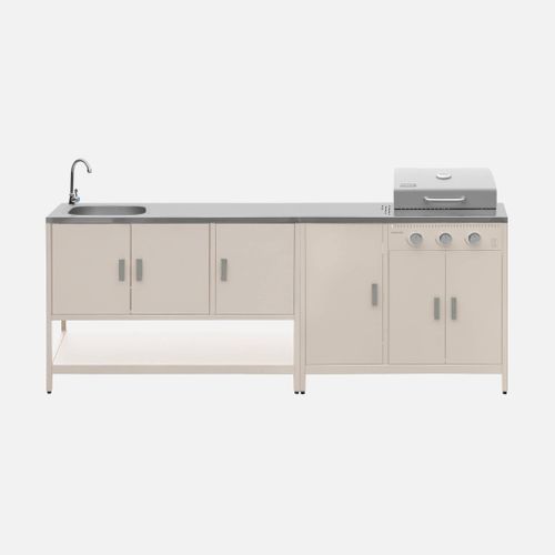 Cuisine Extérieure Naxos 2 Modules Acier Inoxydable Beige Barbecue Gaz 3 Brûleurs Avec Évier