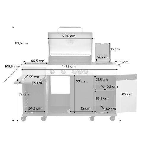 Barbecue Gaz 4 Brûleurs + 1 Feu Latéral Maxim. Acier. Thermomètre Intégré. Récupérateur De Graisse.