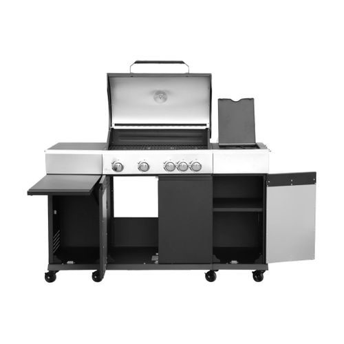 Barbecue Gaz 4 Brûleurs + 1 Feu Latéral Maxim. Acier. Thermomètre Intégré. Récupérateur De Graisse.