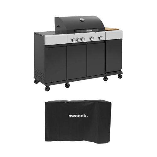 Barbecue Gaz 4 Brûleurs + 1 Feu Latéral Maxim. Acier. Thermomètre Intégré. Récupérateur De Graisse.