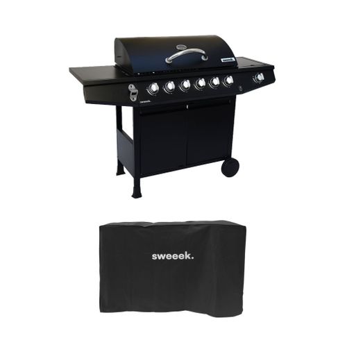 Barbecue Gaz - Treville - Barbecue 7 Brûleurs Dont 1 Feu Latéral Noir. Avec Thermomètre Et Housse