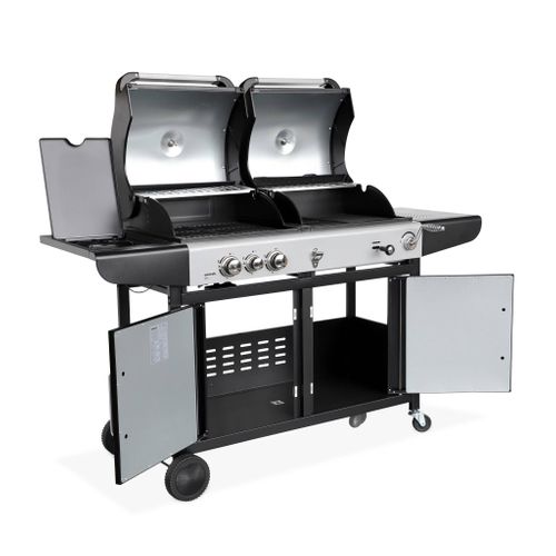 Barbecue 2 En 1 Gaz Et Charbon. 3 Brûleurs + 1 Feu Latéral. Grill Et Fumoir Avec Tablettes Et