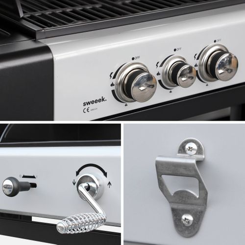 Barbecue 2 En 1 Gaz Et Charbon. 3 Brûleurs + 1 Feu Latéral. Grill Et Fumoir Avec Tablettes Et