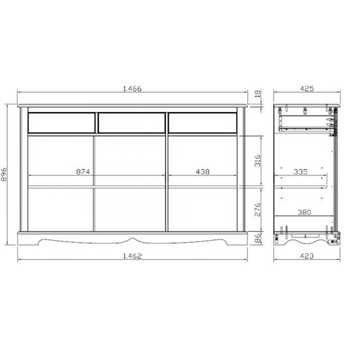 Buffet Blanc 3 Portes 3 Tiroirs Style Anglais 4 Niches L 146.6 H 89.6 P 42.5 Cm