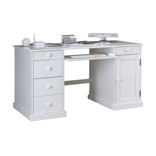 Bureau Informatique Blanc 1 Porte 5 Tiroirs Style Anglais L 141 H 77 P 70 Cm