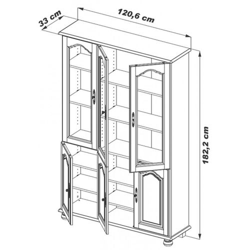 Bibliothèque Chêne 6 Portes 10 Etagères 12 Niches L 120.6 H 182.2 P 33 Cm