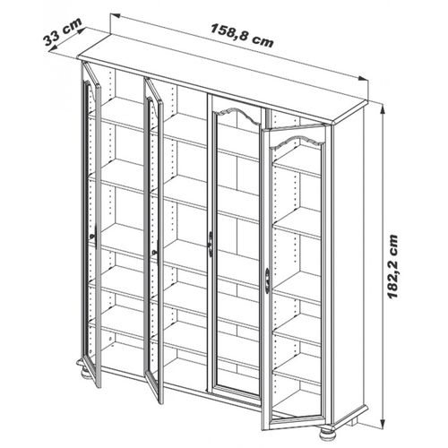 Vitrine Bibliothèque Chêne 4 Portes Vitrées 18 Niches L 158.8 H 182.2 P 33 Cm