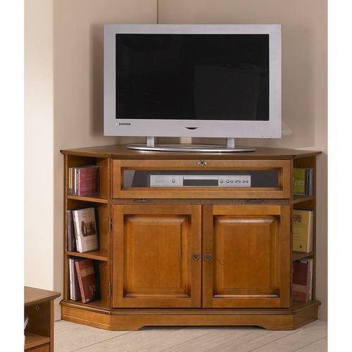 Meuble TV D'angle 42 Pouces Merisier 9 Niches 2 Portes L 114 H 77 P 77 Cm