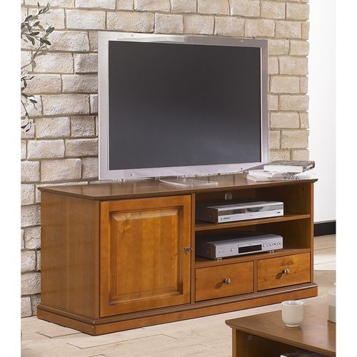 Meuble TV Bar Merisier 60 Pouces 4 Niches Roulettes L 134.9 H 58.7 P 46.5 Cm