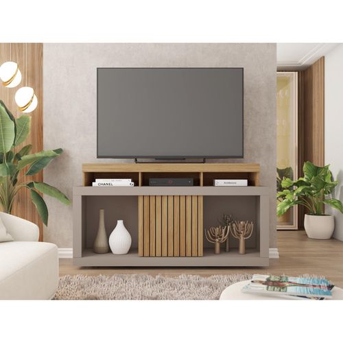 Meuble TV 55 Pouces Chêne Et Gris 1 Porte 6 Roulettes L 136 H 74 P 39 Cm