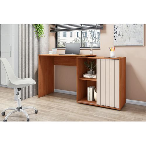 Bureau D'angle Miel Et Blanc Armoirette 1 Porte 3 Niches L 139.9 H 75 P 45.1 Cm