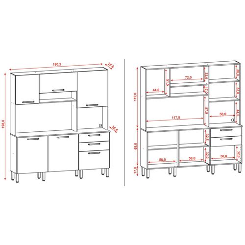 Buffet De Cuisine 6 Portes 2 Tiroirs Noyer Et Blanc Ecru L 180.2 H 198 P 38.8 Cm