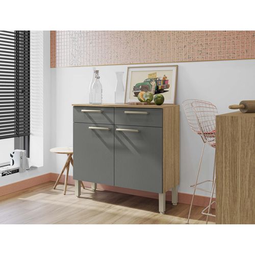 Buffet Bas Meuble Cuisine 2 Portes 2 Tiroirs Chêne Et Gris L 90.9 H 86 P 36.3 Cm