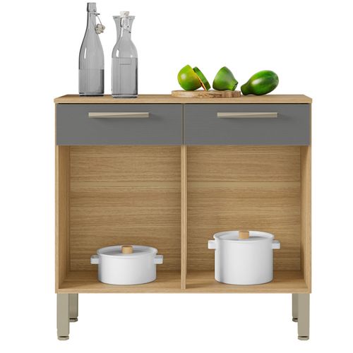 Buffet Bas Meuble Cuisine 2 Portes 2 Tiroirs Chêne Et Gris L 90.9 H 86 P 36.3 Cm