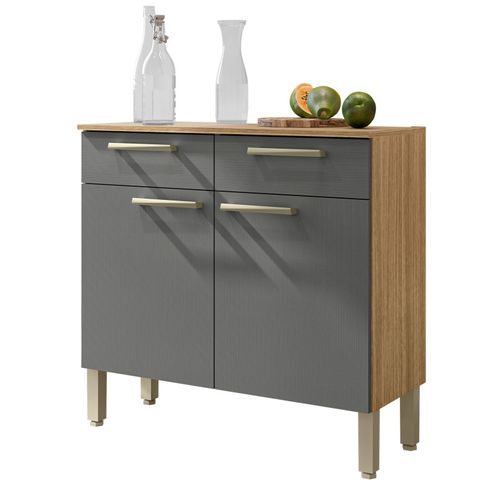 Buffet Bas Meuble Cuisine 2 Portes 2 Tiroirs Chêne Et Gris L 90.9 H 86 P 36.3 Cm