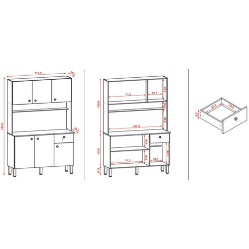 Buffet De Cuisine 6 Portes 1 Tiroir Chêne Et Blanc 7 Niches L 111 H 185 P 39.3 Cm