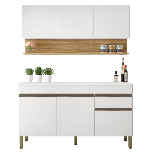 Cuisine Equipée 6 Portes 1 Tiroir Chêne Et Blanc 9 Niches L 120 H 200 P 53.3 Cm
