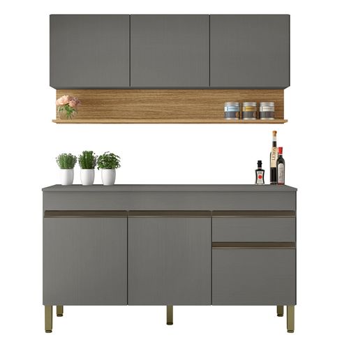 Cuisine Equipée 6 Portes 1 Tiroir Chêne Et Gris L 150 H 200 P 53.3 Cm