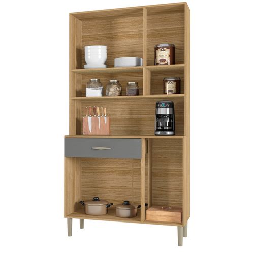 Buffet De Cuisine 6 Portes 1 Tiroir Chêne Et Gris L 90.9 H 173.5 P 36.3 Cm